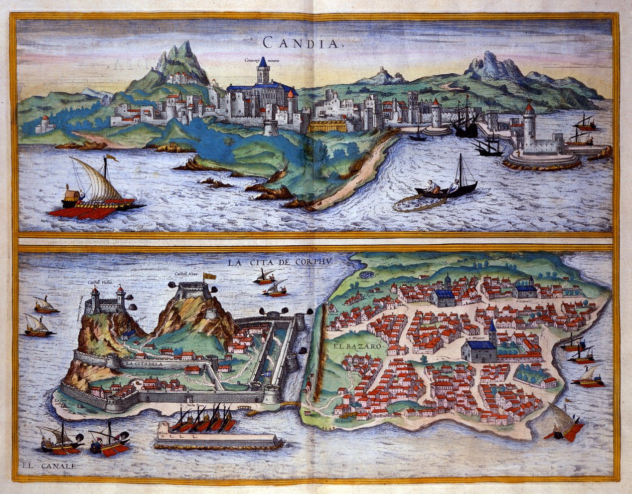 Utsikt over havnen i Candie (dagens Heraklion) på Kreta og havnen på Korfu i Hellas Gravering av George Braun I "" Civitatis Orbis Terrarum""" bind I skrevet av Franz Hogenberg (1535-1590) av Georg Braun and Hogenberg Franz