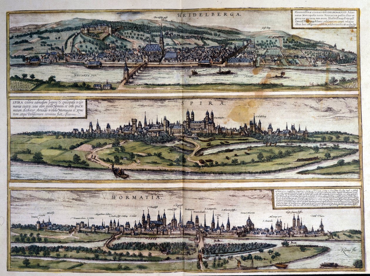 Utsikt over tre byer i Tyskland: Heidelberg, Spire, Worms. Atlas over Braun og Hogenberg. 1550. av Georg Braun and Hogenberg Franz
