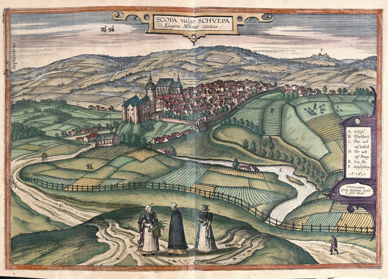 Zschopau, Sachsen, Tyskland (gravering av Georg Braun and Hogenberg Franz
