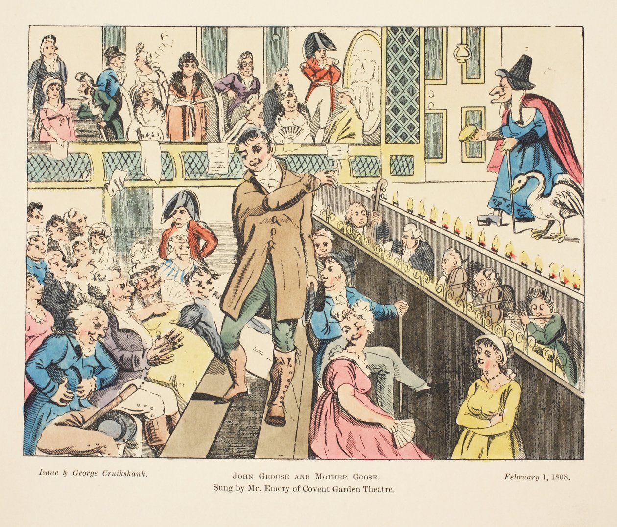 John Grouse og Mother Goose, sunget av Mr Emery fra Covent Garden, pub. 1808 (håndfarget gravering) av Isaac, Robert and George Cruikshank