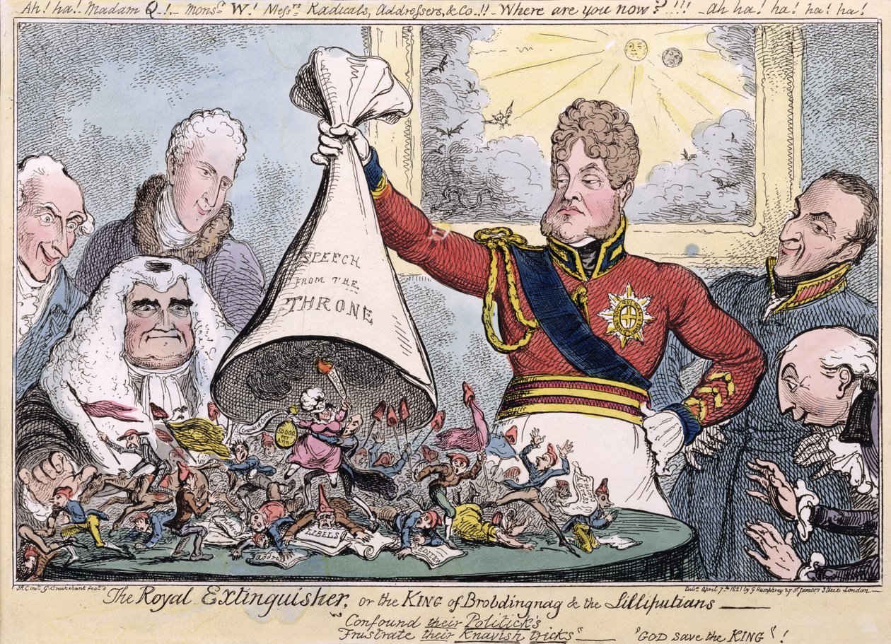 The Royal Extinguisher eller the King of Brobdingnag and the Lilliputians, 1821 av Isaac, Robert and George Cruikshank
