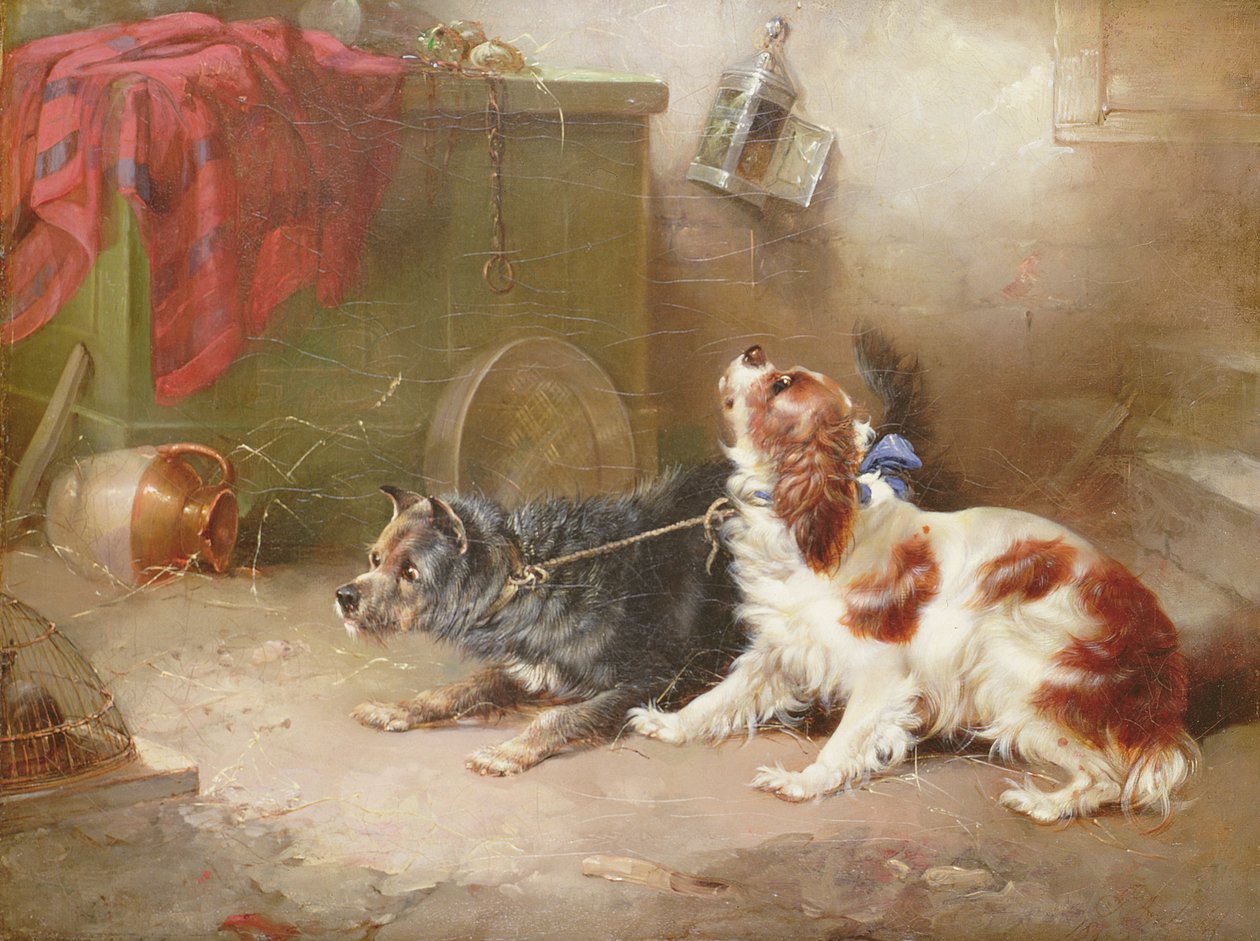 En terrier og en King Charles Spaniel skremmer en rotte av George Armfield
