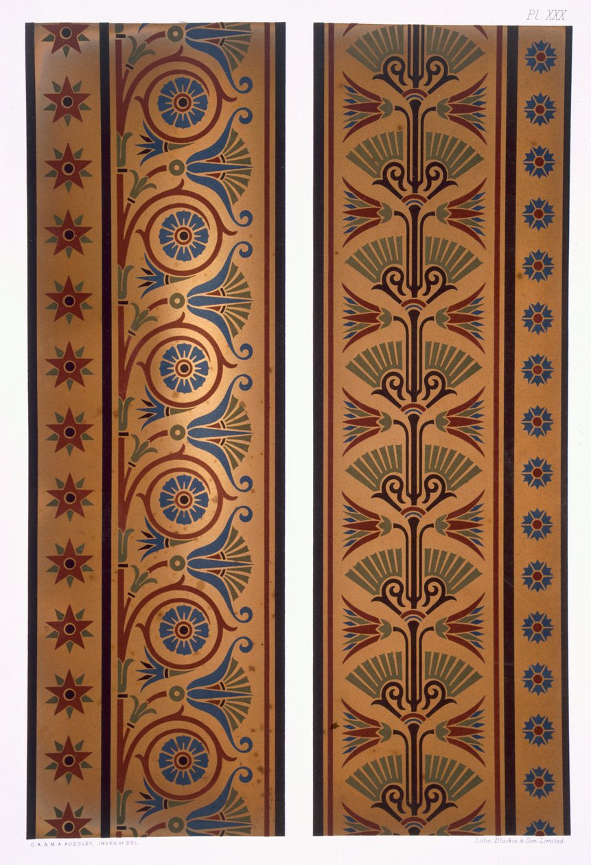 Vertikale bånd eller kanter i mørke farger på gullgrunn, plate XXX fra 'The Practical Decorator and Ornamentalist', utgitt 1892 av George Ashdown Audsley
