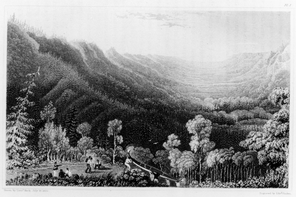 Utsikt fra en portasje på Clearwater River, Canada, fra 'Narrative of a Second Expedition to the Shore of the Polar Sea', gravert av Edward Finden, publisert 1828 av George Back