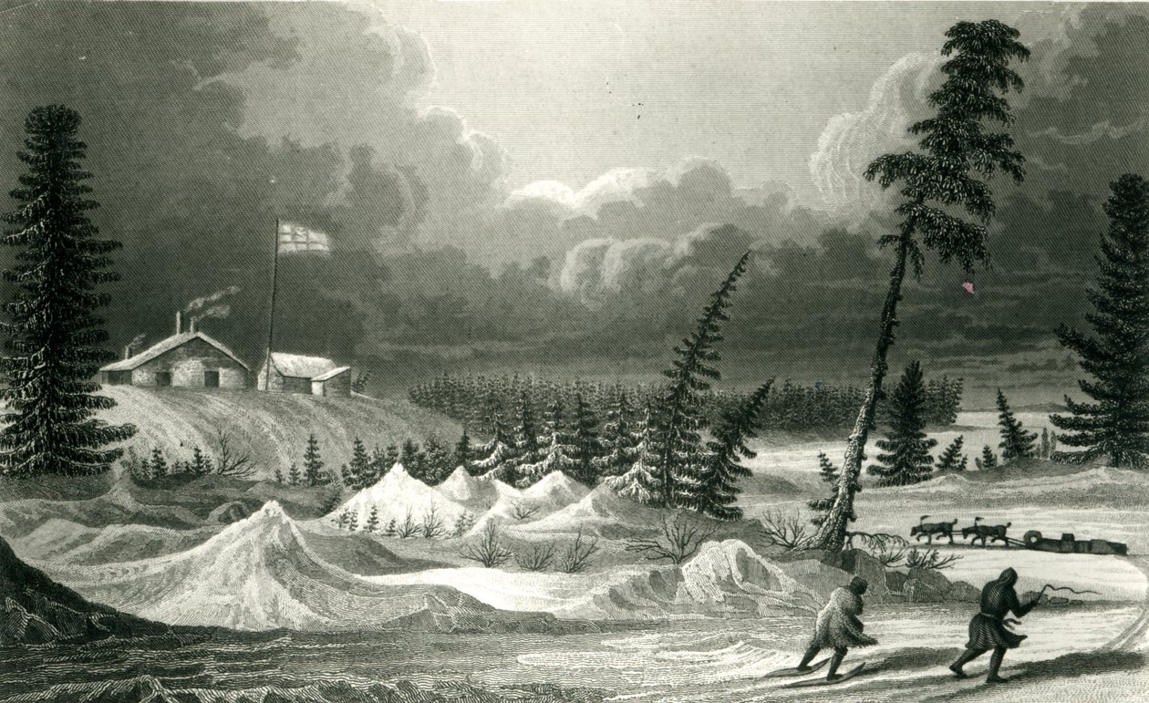 Vinterutsikt over Fort Franklin, gravert av Edward Francis Finden (1791-1857) mai 1828 av George Back