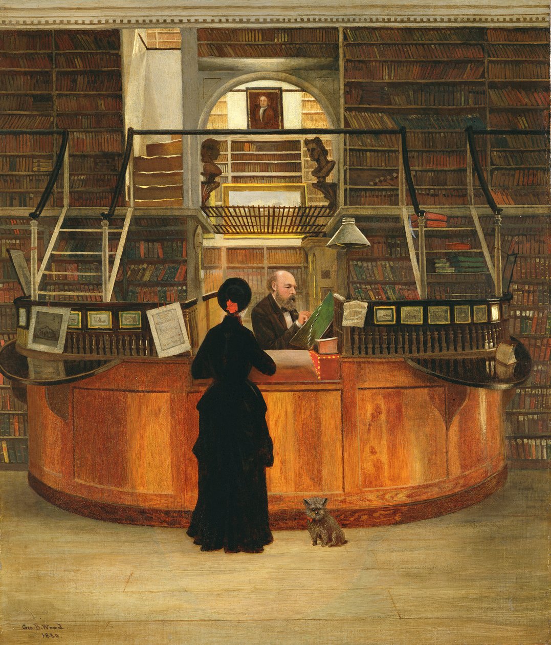 Interiøret i Logan Library Philadelphia, med bibliotekaren LLoyd Pearsall Smith ved skrivebordet hans, 1880 av George Bacon Wood