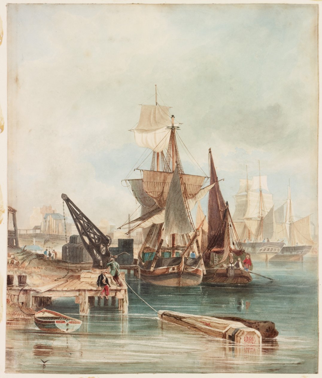 River Scene with Shipping (kroppsfarge og akvarell på papir (limt om bord)) av George Balmer
