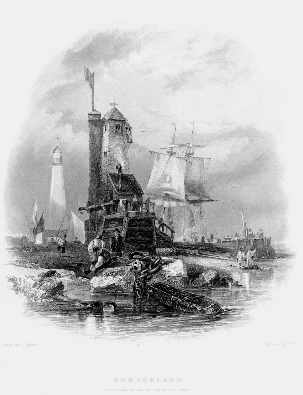 Sunderland fyrtårn på South Pier, 1841 av George Balmer