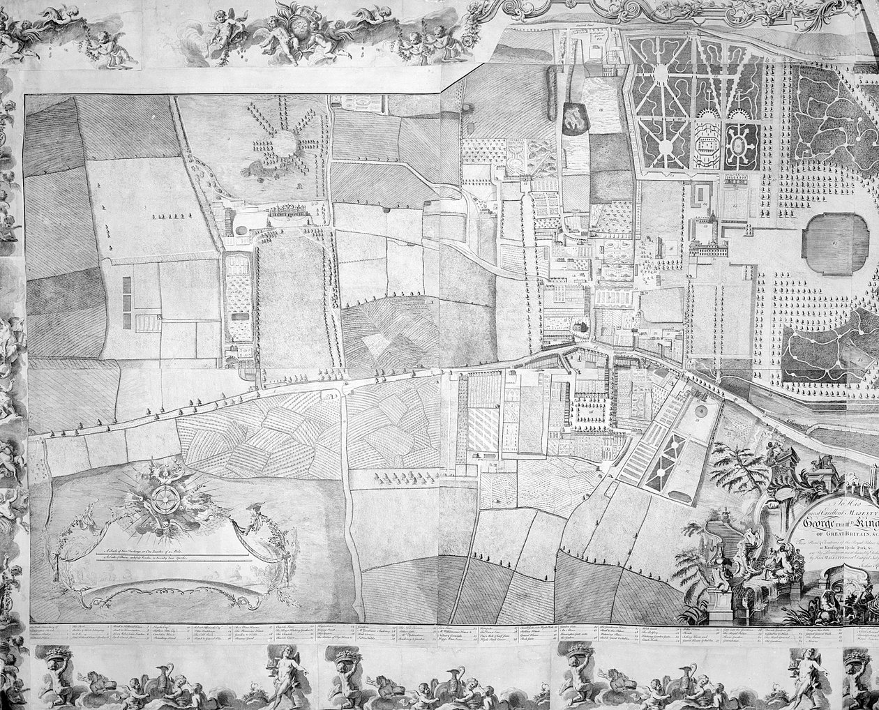 Detalj (venstre side) av planen til Kensington Palace av Joshua Rhodes, 1764 av George Bickham