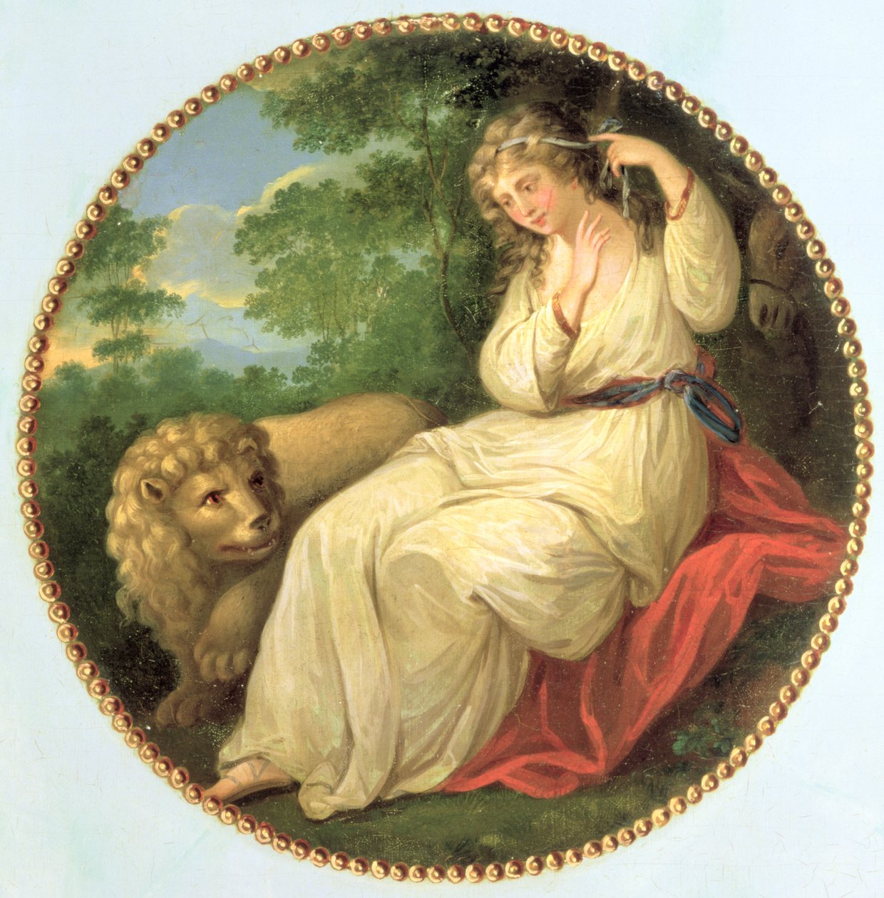 Una and the Lion, designet hentet fra en gravering fra 1783 av Thomas Burke (1749-1815) etter Angelica Kauffman (1741-1807), en av tre dekorative medaljonger fra en George III-kommode, ca. 1790 (panel) av George Brookshaw