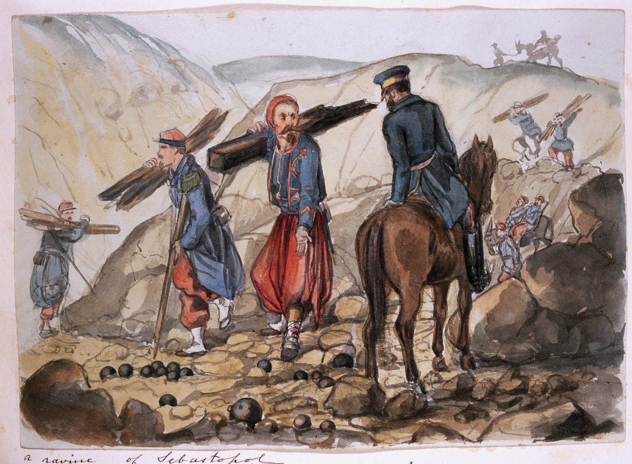 En ravine i Sebastopol etter eksplosjonen i mamelon vert: en Zouave samler tre fra restene, fra et album med malerier og skisser kjent som 