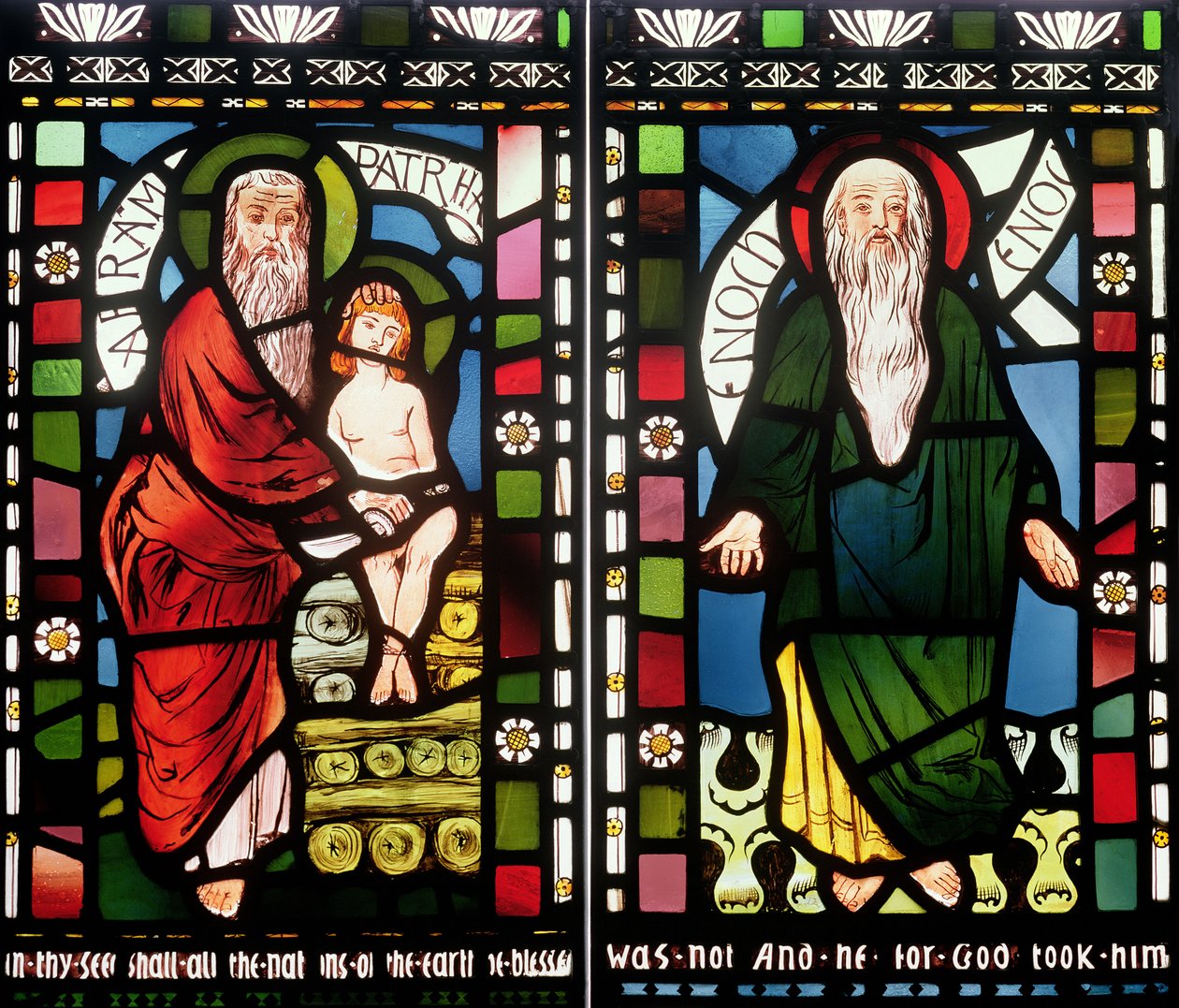 Abraham og Enok, detalj fra Creation Window, 1861 (farget glass) (se 120153) av George Campfield
