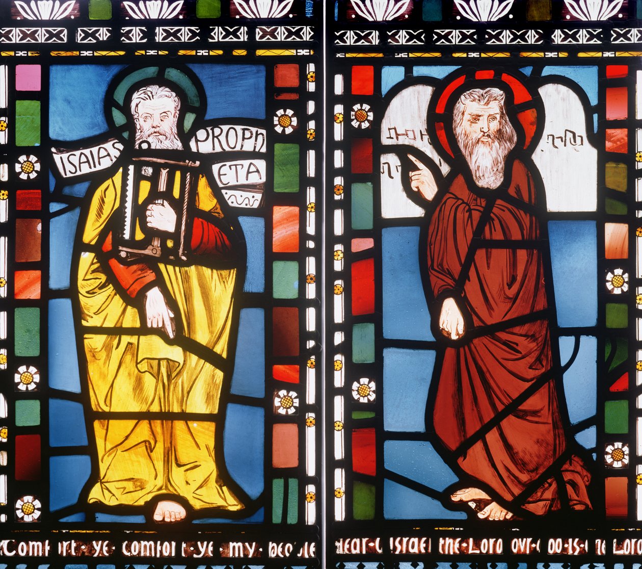 Jesaja og Moses, detalj fra Creation Window, 1861 (farget glass) (se 120153) av George Campfield