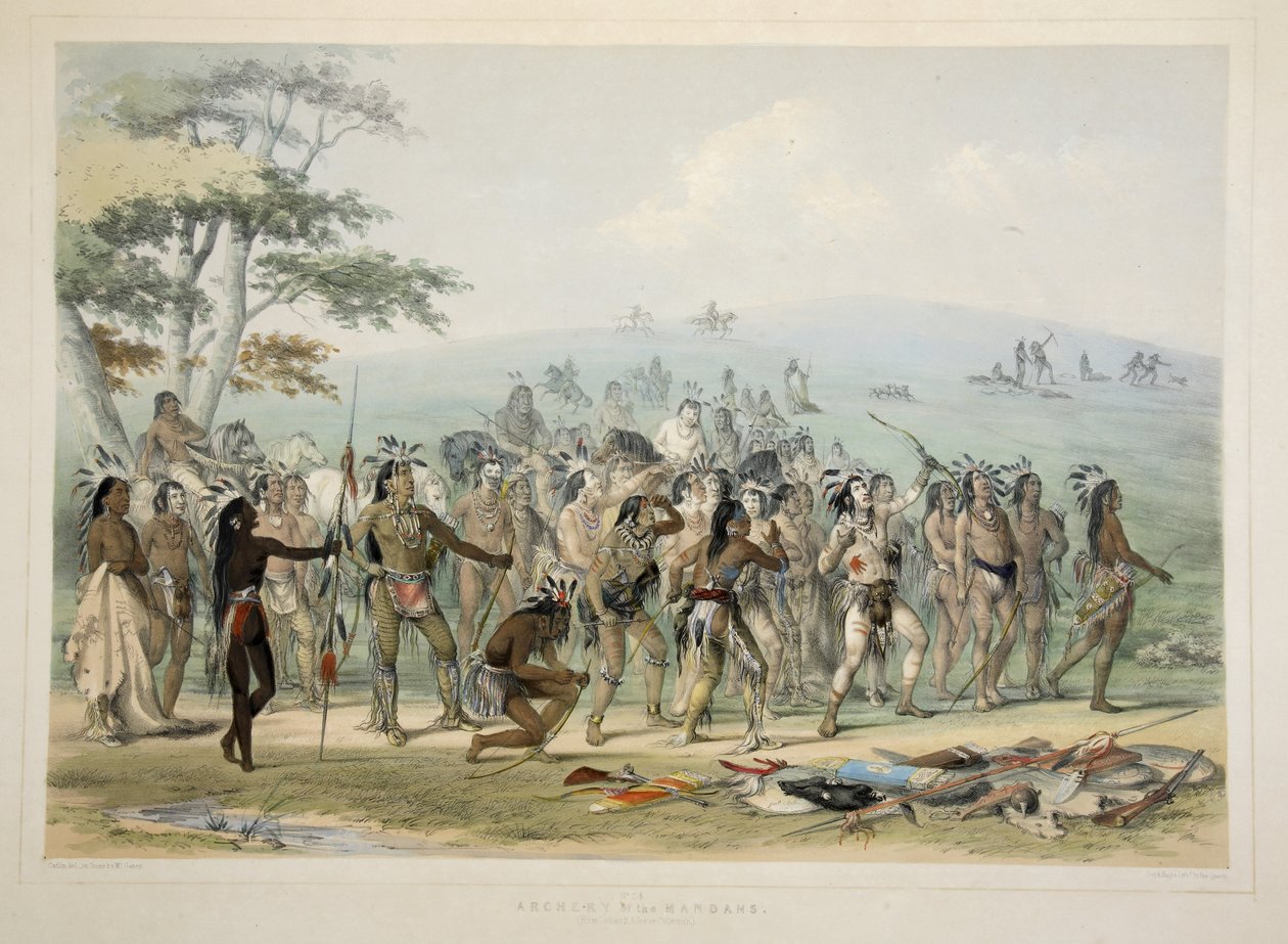 Archery of the Mandans, fra Catlins North American Indian Portfolio. Jaktscener og fornøyelser i Rocky Mountains og Prairies of America, pub. 1845 av George Catlin