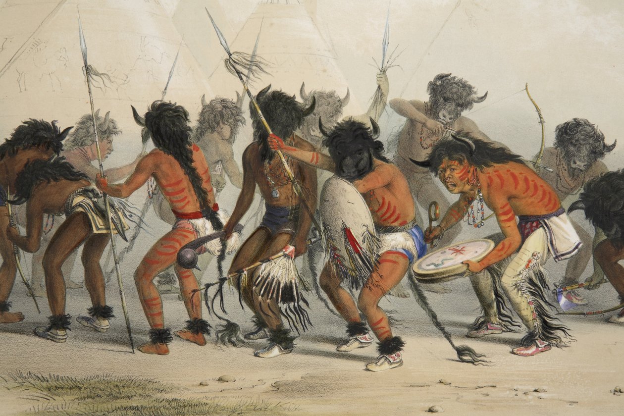 Buffalo Dance (detalj), fra Catlins North American Indian Portfolio. Jaktscener og fornøyelser i Rocky Mountains og Prairies of America, pub. 1845 av George Catlin