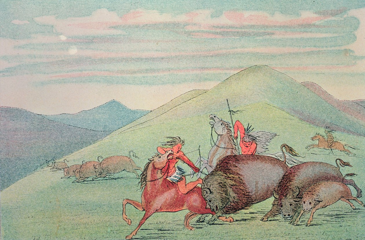 Bøffelokse som beskytter kalv og mor under angrep av George Catlin