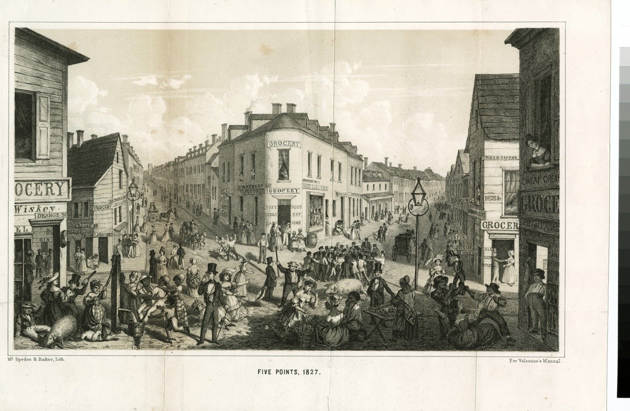Five Points, 1827, gravert av McSpedon und Baker, 1855 av George Catlin