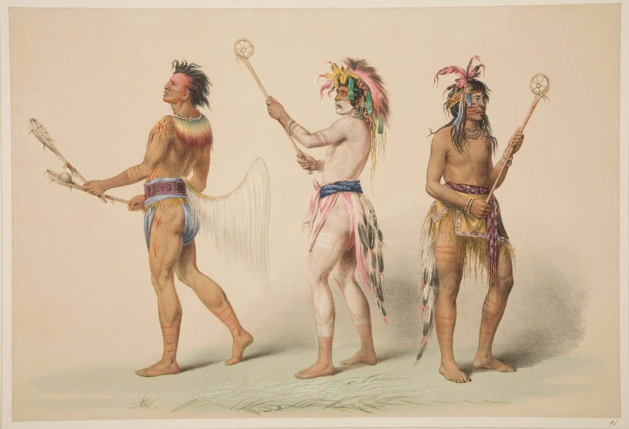Illustrasjon av Lacrosse-spillere, fra illustrasjoner av de nordamerikanske indianernes manerer, skikker og forhold, London, 1845 (håndfarget gravering) av George Catlin