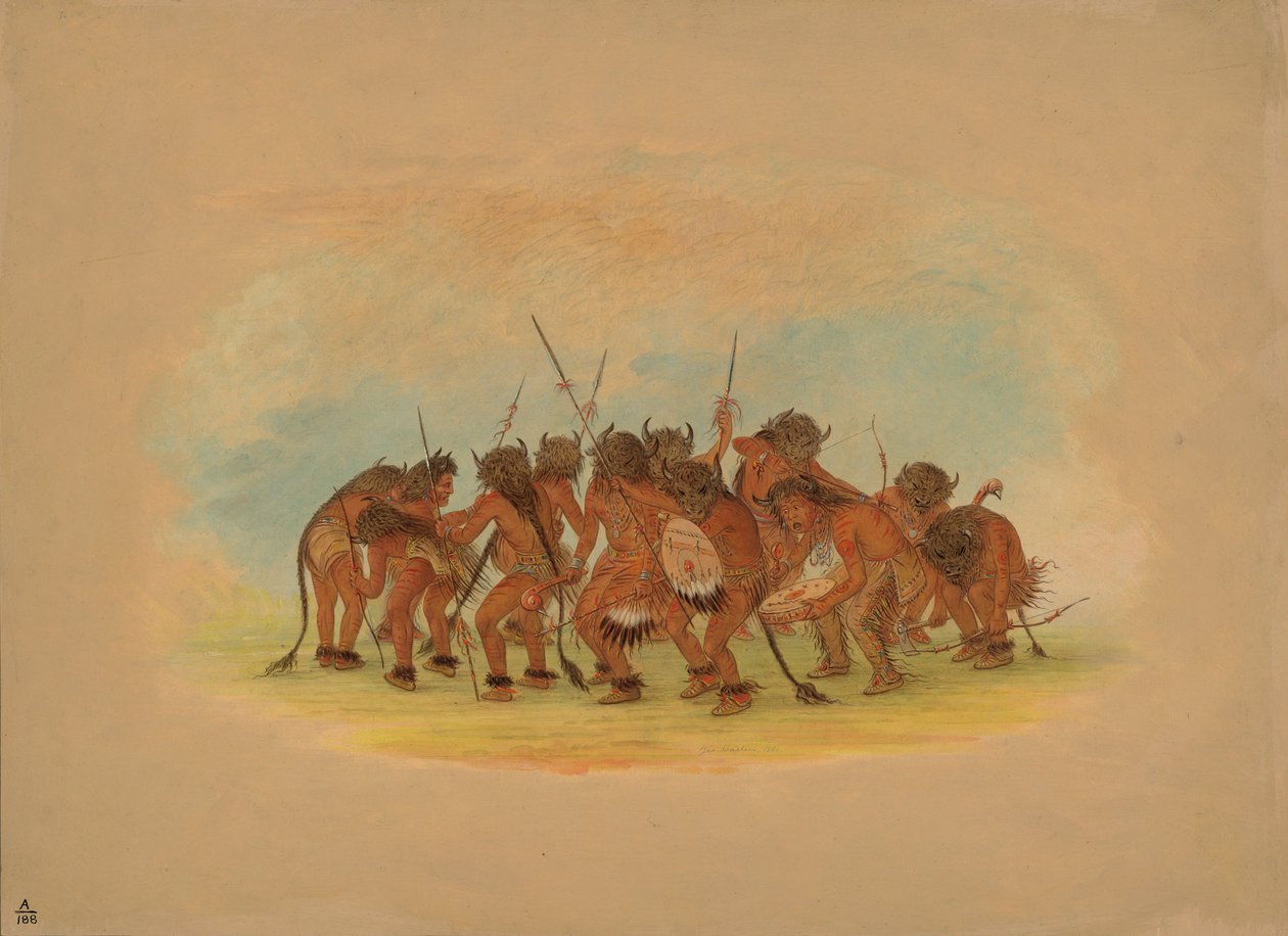 Mandan Buffalo Dance, 1861 (olje på kort montert på papp) av George Catlin