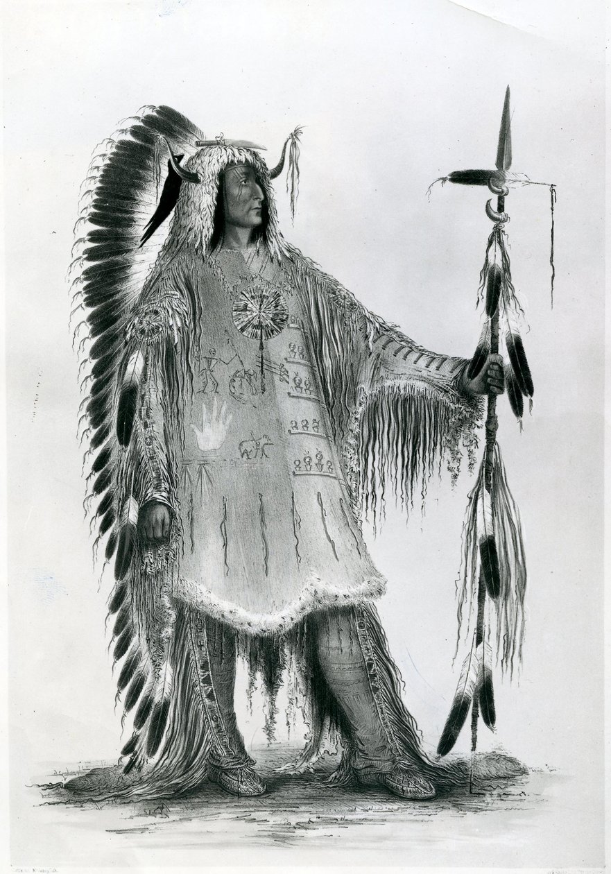 Mato-Tope, andre høvding for Mandan-folket, ca. 1833 (bw litho) av George Catlin