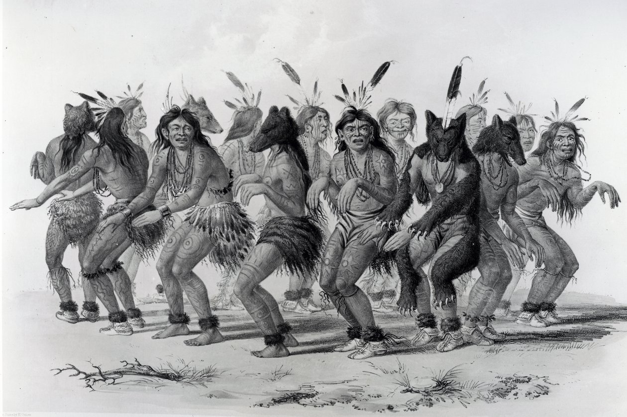Native American Bear Dance, gravert av John McGahey av George Catlin