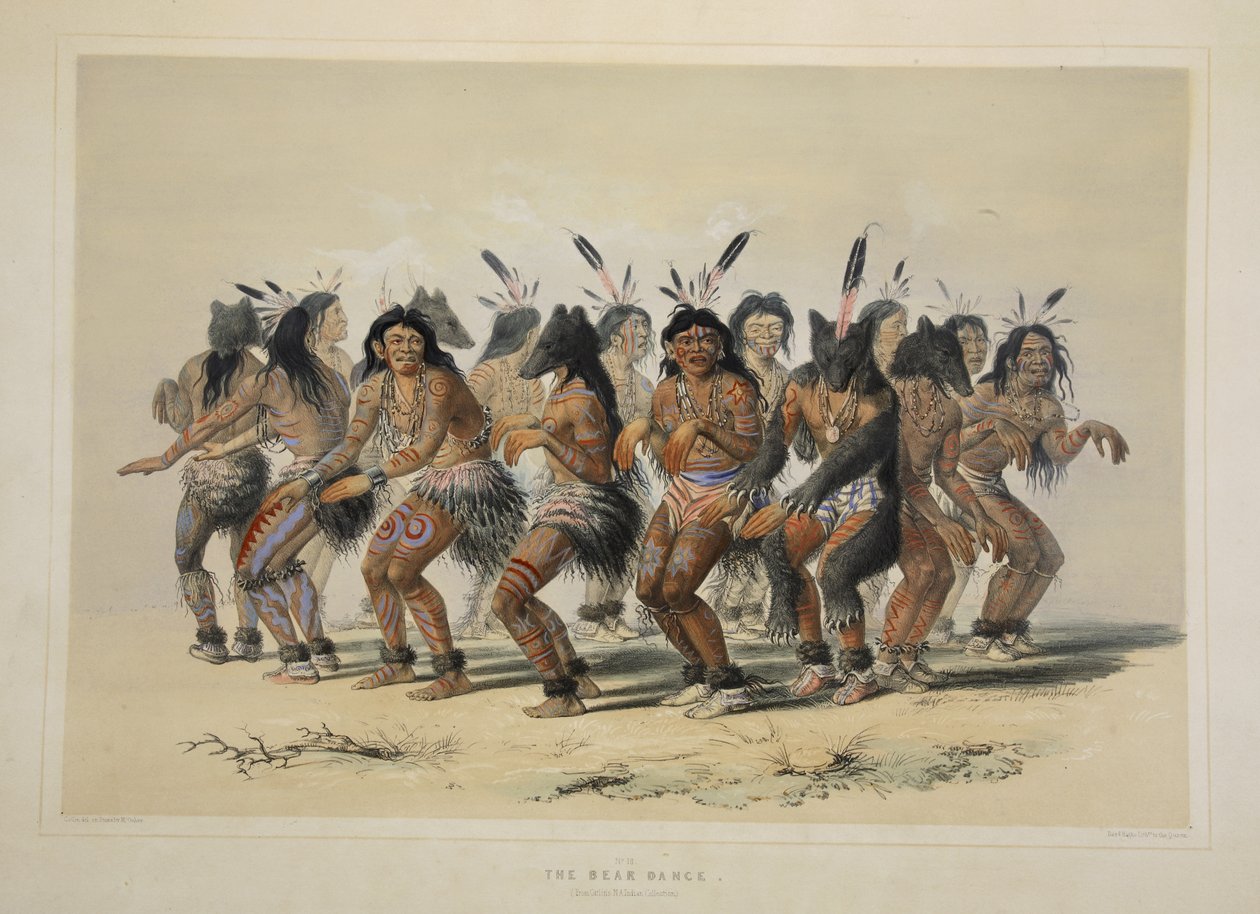 The Bear Dance, fra Catlins North American Indian Portfolio. Jaktscener og fornøyelser i Rocky Mountains og Prairies of America, pub. 1845 av George Catlin