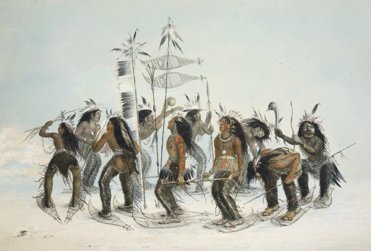 The Snow Shoe Dance, fra Catlins North American Indian Portfolio. Jaktscener og fornøyelser i Rocky Mountains og Prairies of America, pub. 1845 av George Catlin