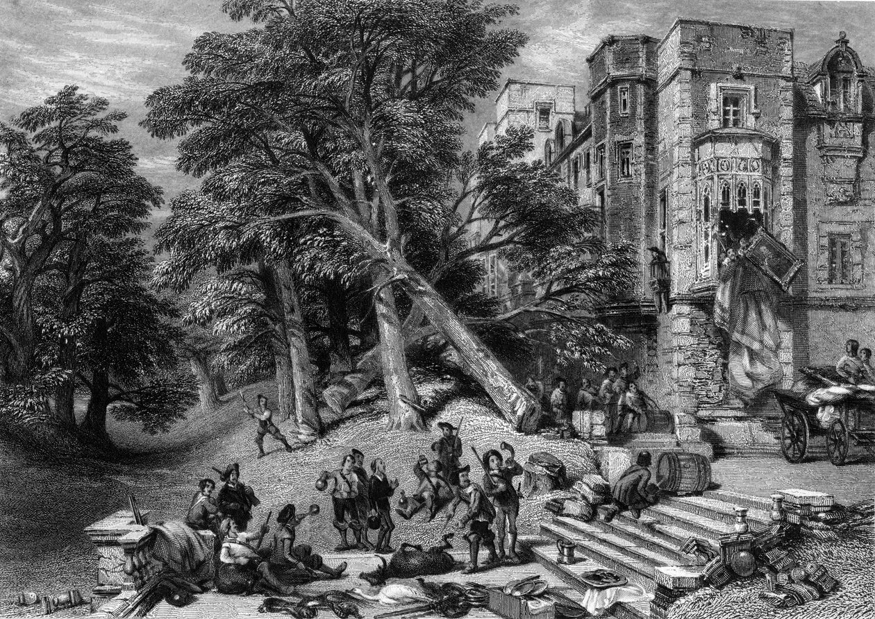 Ødeleggelse av royalistenes eiendom, gravert av R. Wallis, ca. 1860-tallet av George Cattermole