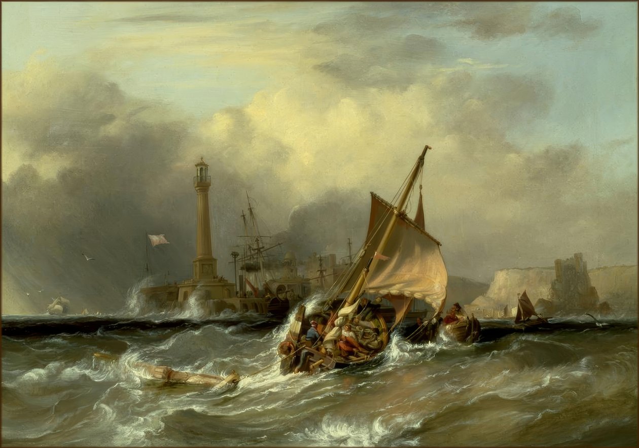 G.Chambers, skip i sterk strøm utenfor Margate / maleri av George Chambers