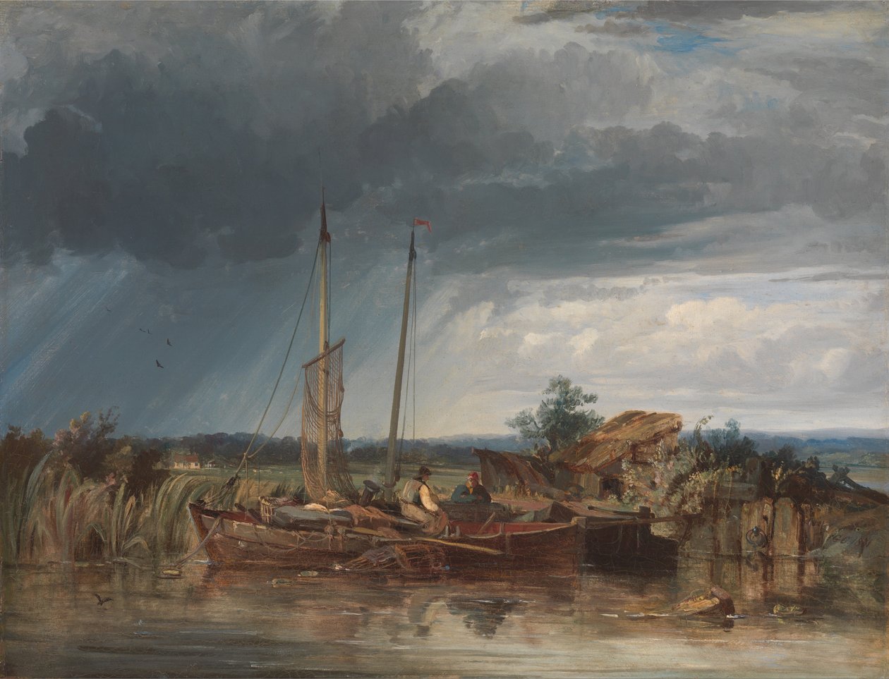 To fiskebåter på bredden av innlandsvannet av George the Elder Chambers