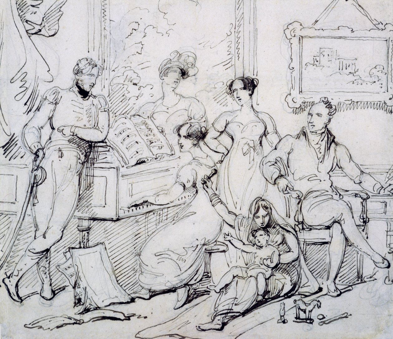 En familiegruppe rundt et piano (penn og brunt blekk med grafitt på papir) av George Chinnery