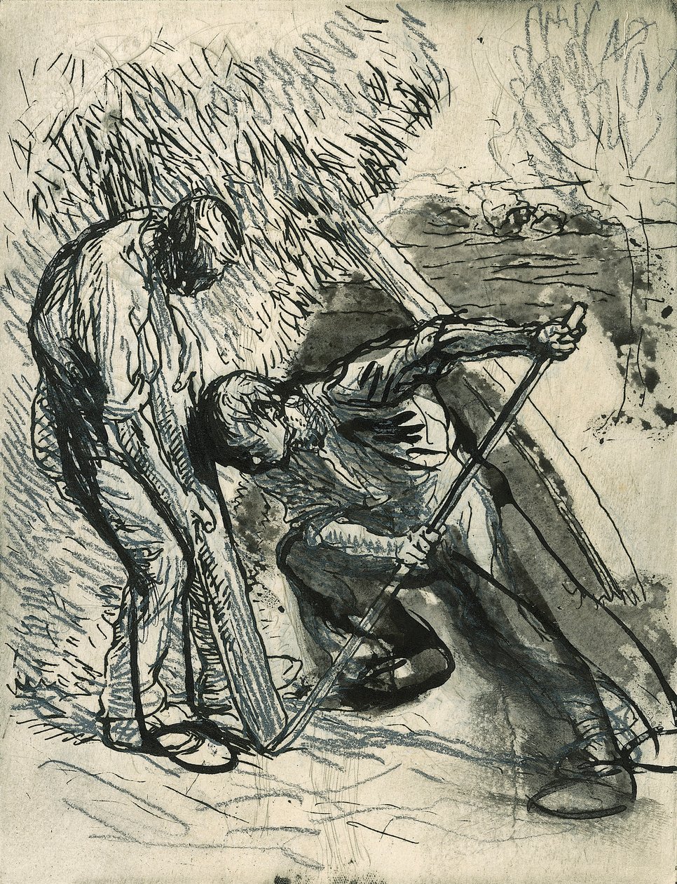 Propping the Rick, ca. 1900 (blyant, penn og blekk over et prøvetrykk) av George Clausen