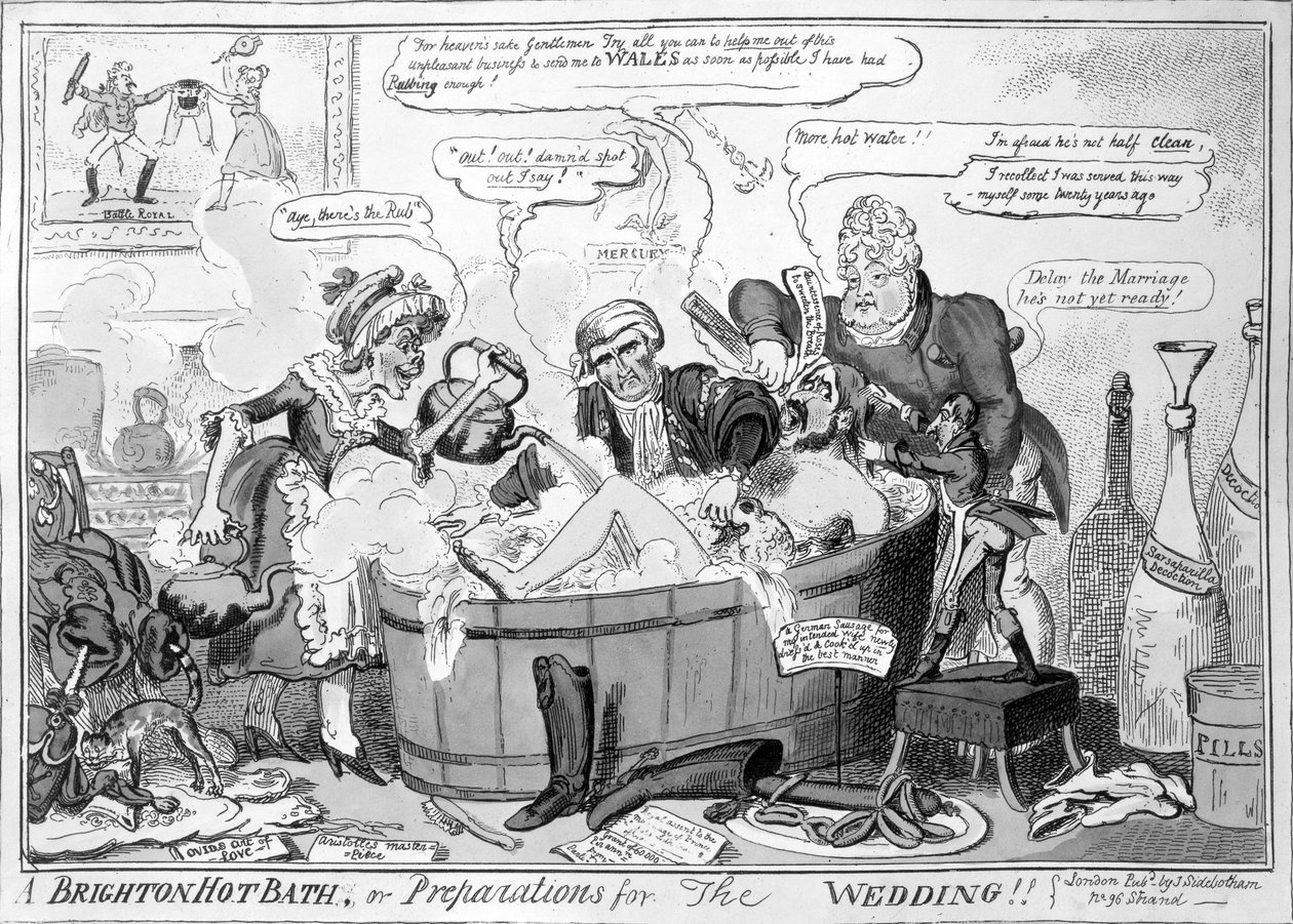 Et varmt bad i Brighton, eller forberedelser til bryllupet, 1816 av George Cruikshank