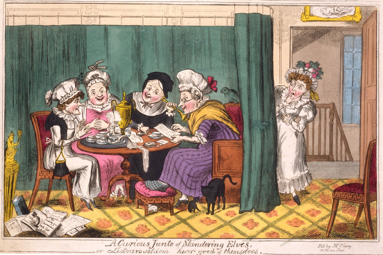A Curious Junto of Slandering Alves, eller, lytterne hører sjelden godt om seg selv, 1817 (håndfarget gravering) av George Cruikshank