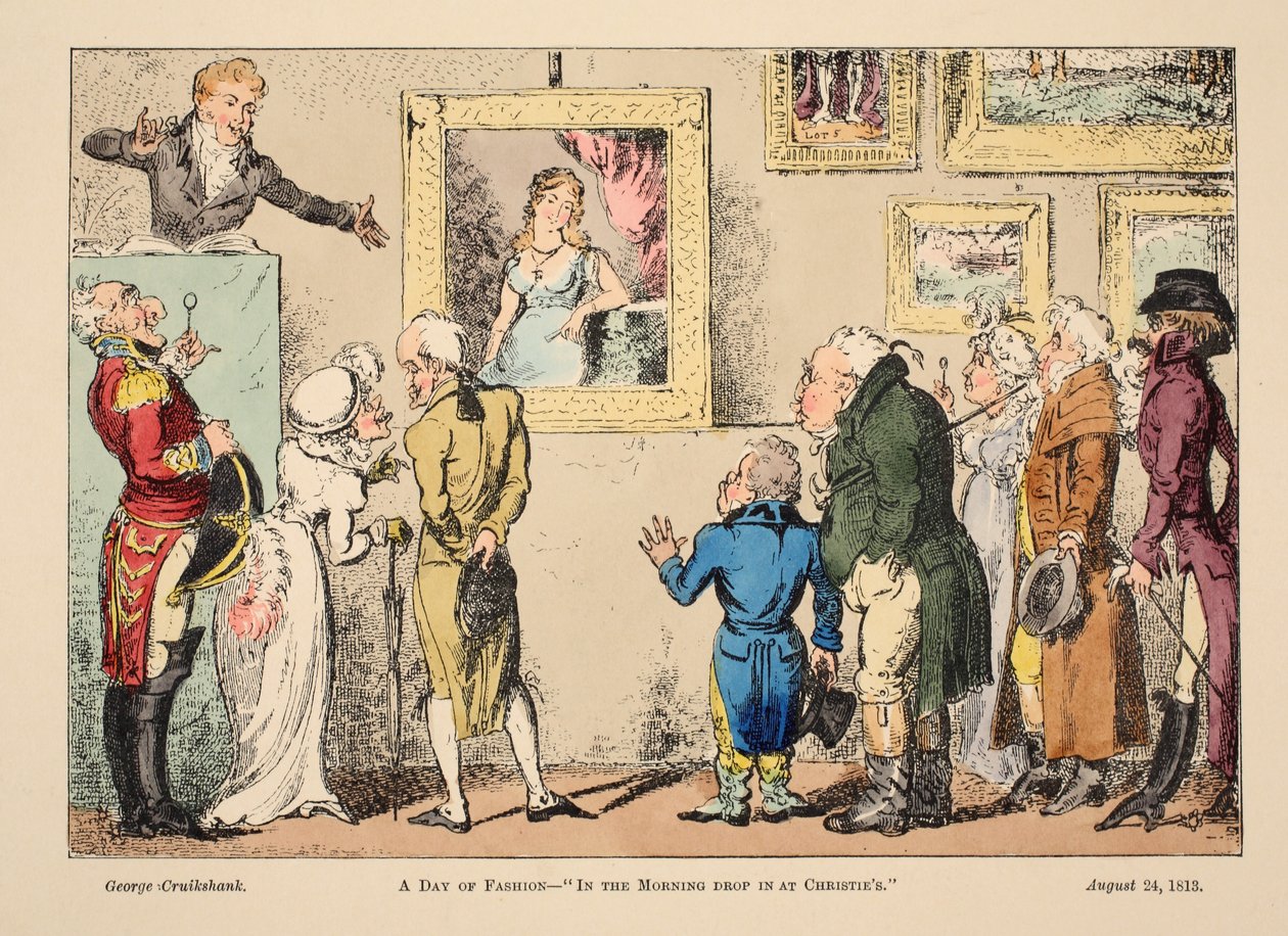 A Day of Fashion - In the Morning Drop In på Christies, pub. 1813 (håndfarget gravering) av George Cruikshank