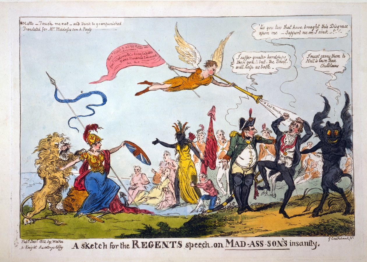 A Sketch for the Regents Speech on Mad-Ass-Son's Insanity, pub. 1812 (håndfarget gravering) av George Cruikshank