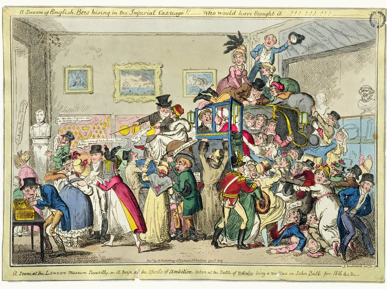 En sverm av engelske bier hiver i den keiserlige vognen!! – Hvem hadde trodd det!! En scene på London Museum, Piccadilly, eller et kikk på ambisjonens bytter tatt i slaget ved Waterloo, av George Cruikshank