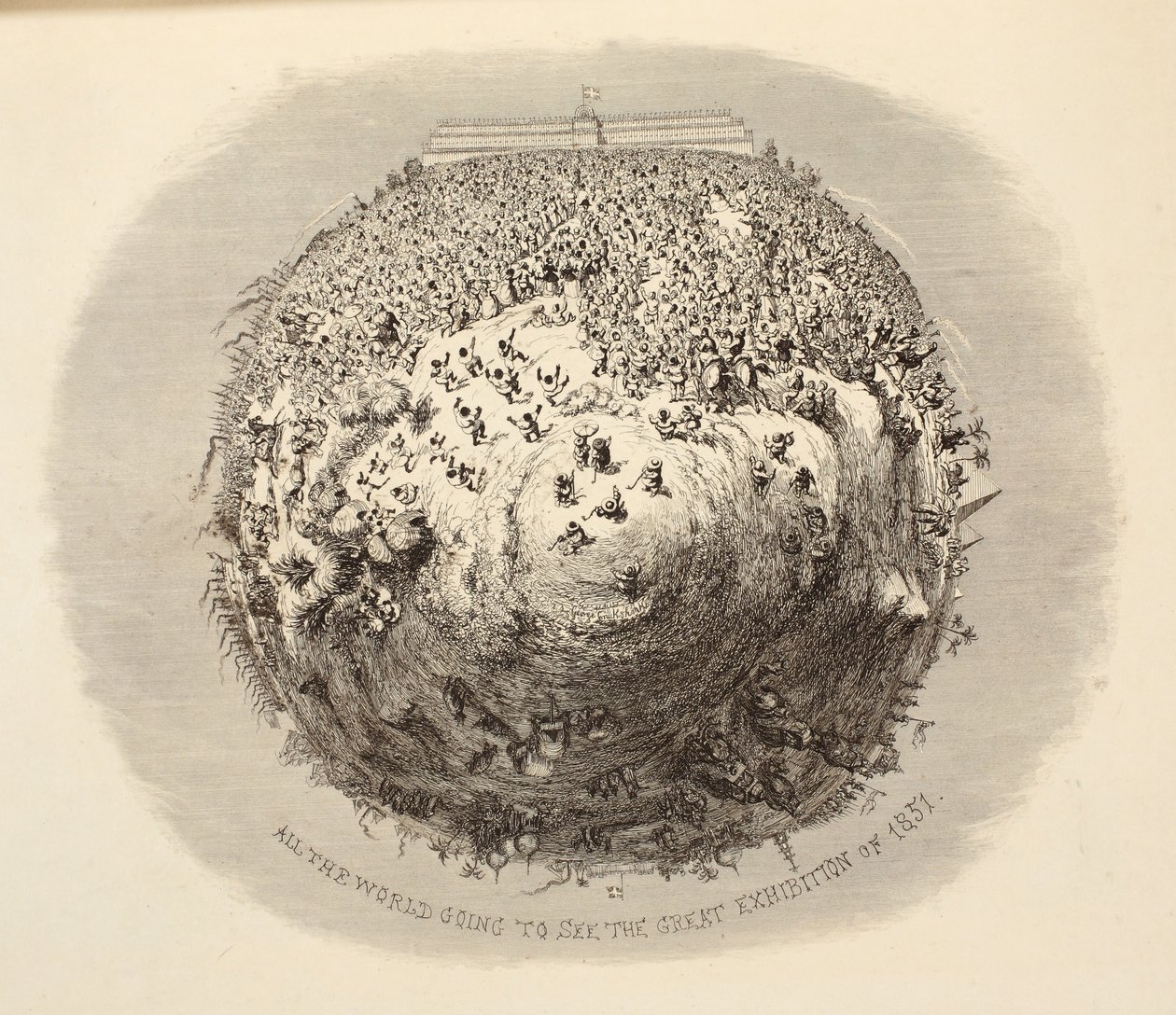All The World Going To See The Great Exhibition of 1851, fra 1851 eller The Adventures of Mr & Mrs Sandboys og familie som kom opp til London for å kose seg og se den store utstillingen, pub. 185 av George Cruikshank