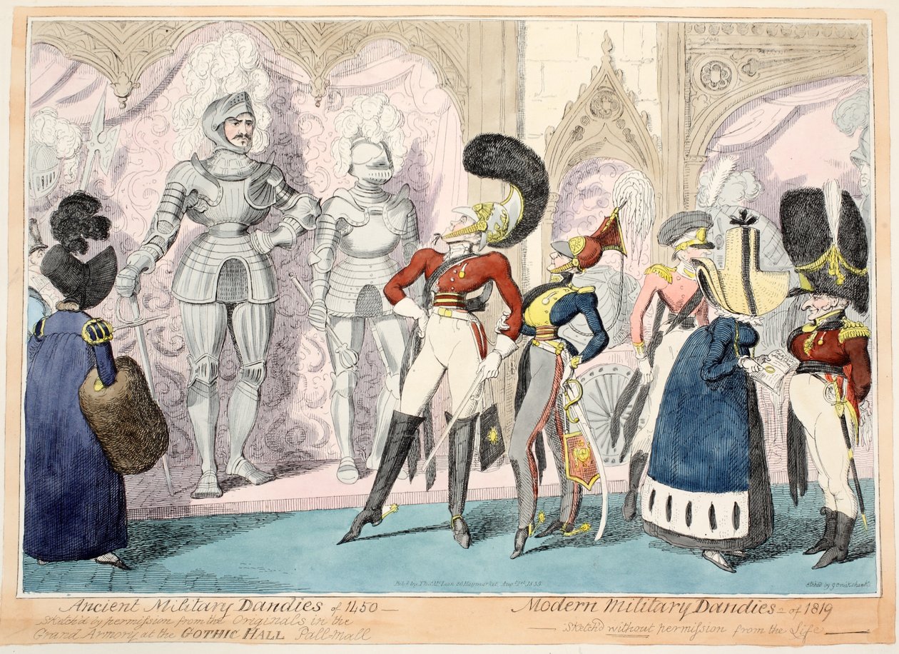 Ancient Military Dandies fra 1450, Moderne Military Dandies fra 1819, 1835 (håndfarget gravering) av George Cruikshank