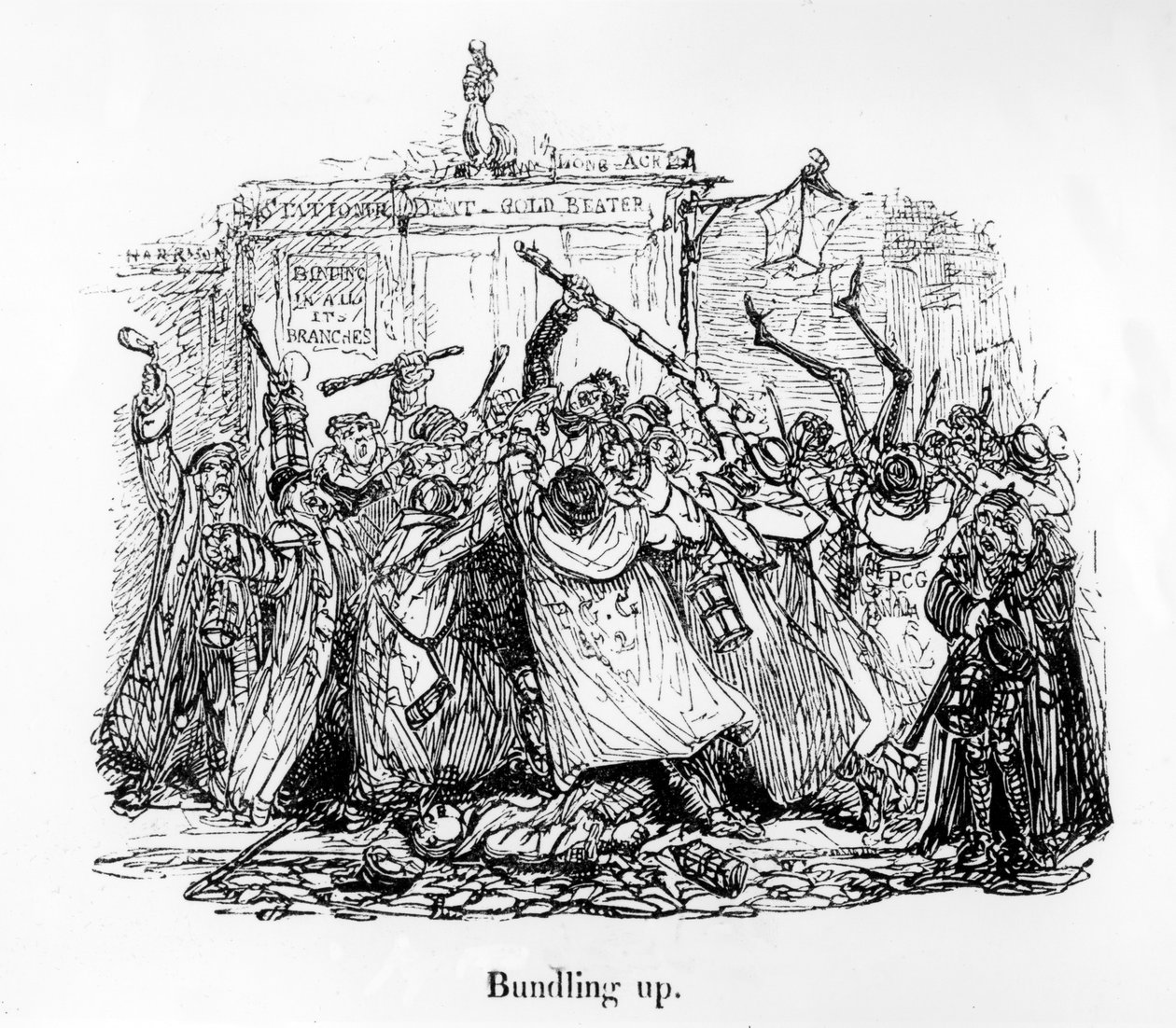 Bundling Up, illustrasjon fra 'Mornings at Bow Street: Et utvalg av de mest humoristiske og underholdende rapportene som har dukket opp i 'Morning Herald' av John Wight, 1838 av George Cruikshank