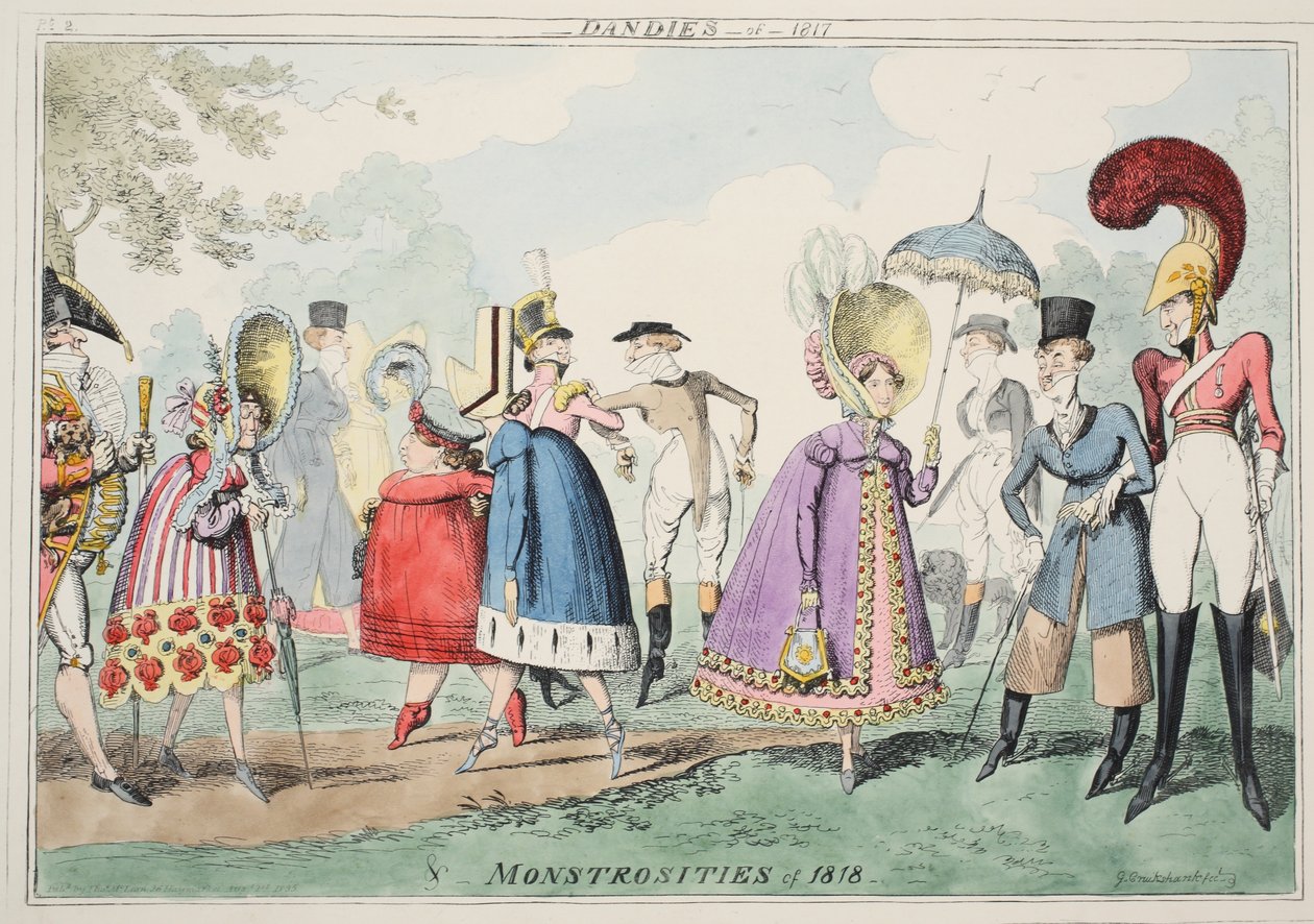 Dandies fra 1817 og Monstrosities fra 1818, pub. 1835 (håndfarget akvatint) av George Cruikshank