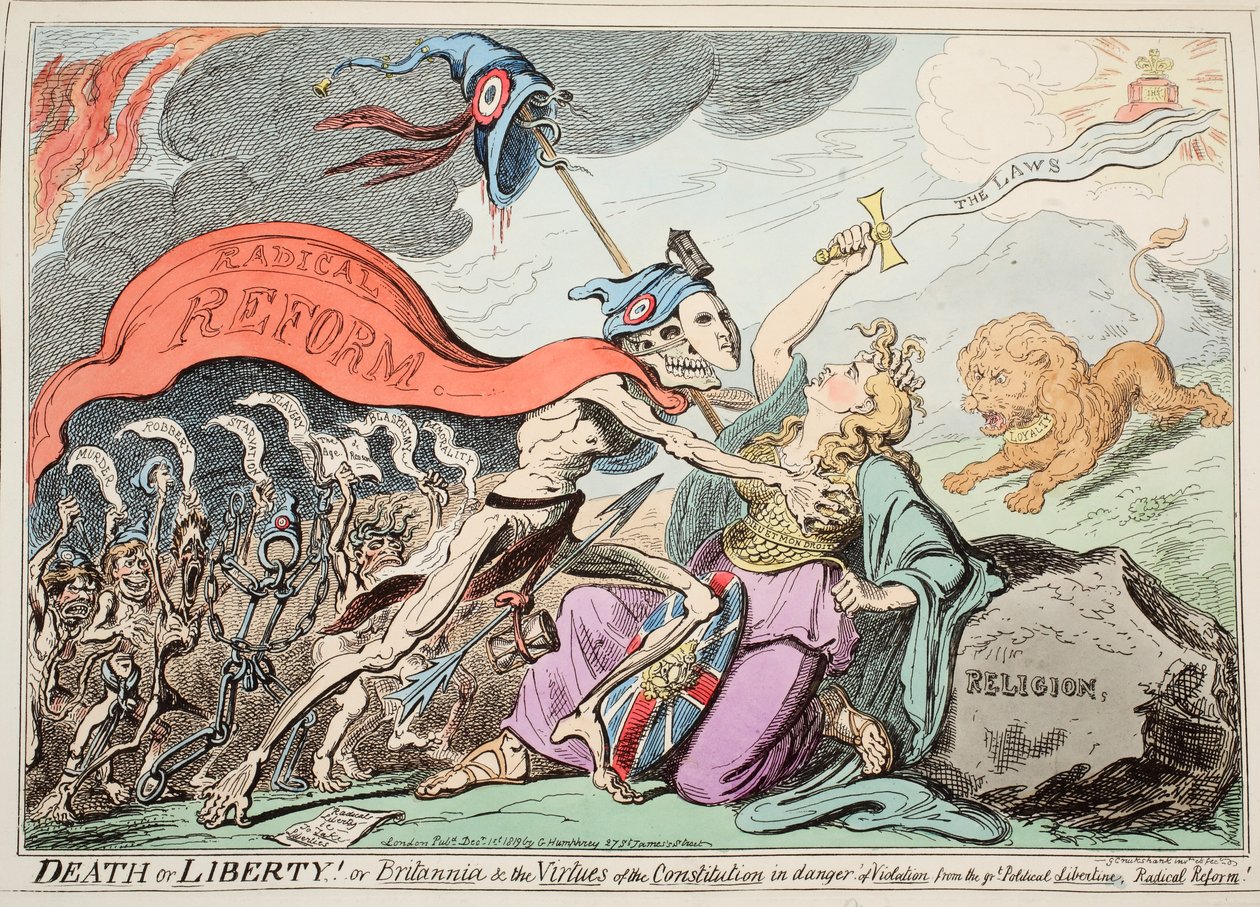 Død eller frihet! Eller Britannia und the Virtues of the Constitution i fare for brudd fra Great Political Libertine, Radical Reform!, pub. 1819 (håndfarget etsning) av George Cruikshank