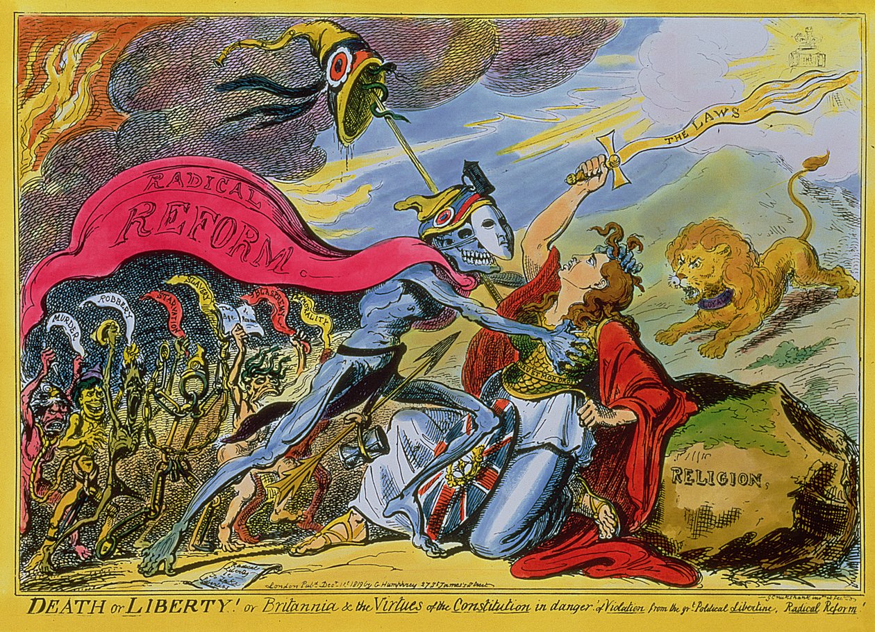 'Død eller frihet! eller, Britannia and the Virtues of the Constitution in Danger of Violation from the Great Political Libertine, Radical Reform', pub. av H. Humphrey, 1819 (farget etsning) av George Cruikshank