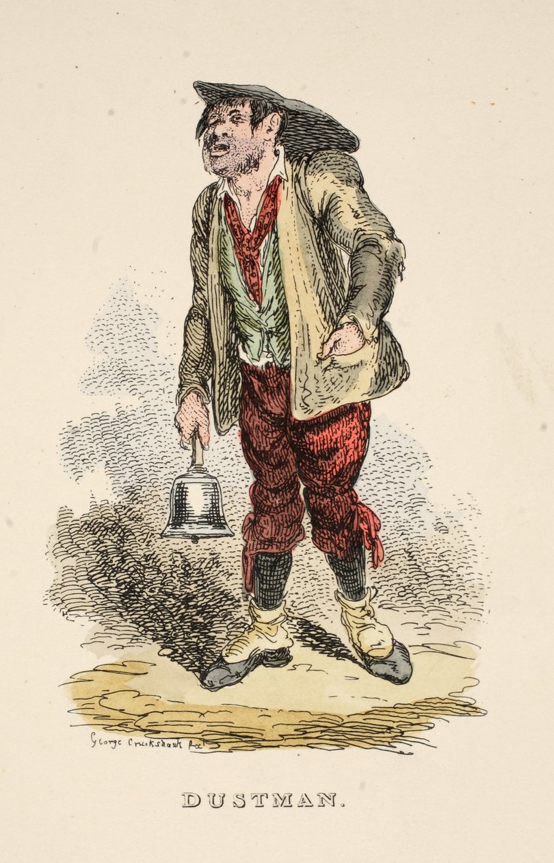 Dustman, fra The Gentlemans Pocket Magazine, pub. 1827 (håndfarget gravering) av George Cruikshank