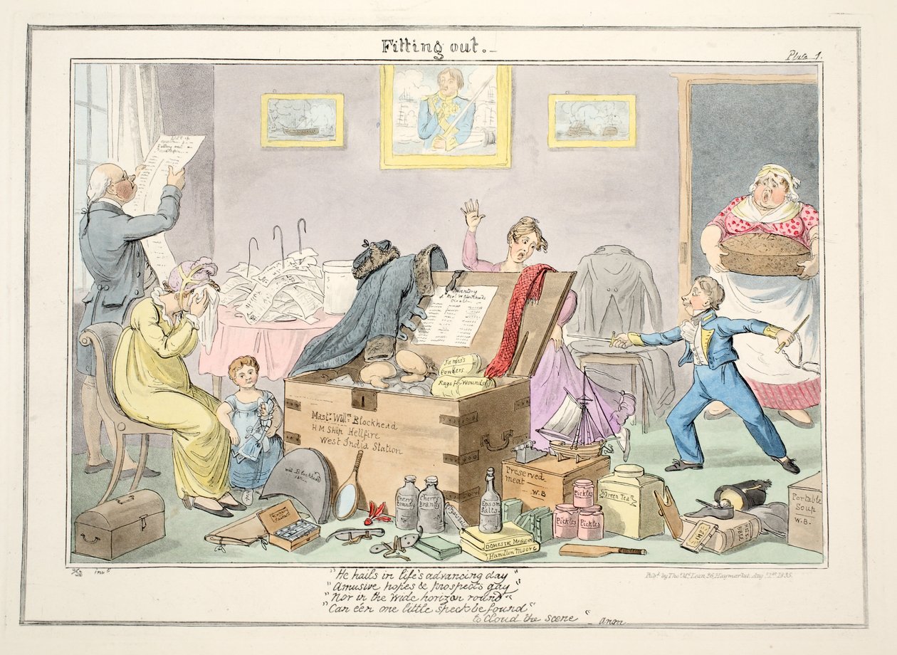 Fitting Out, fra The Progress of a Midshipman, 1835 (håndfarget gravering) av George Cruikshank