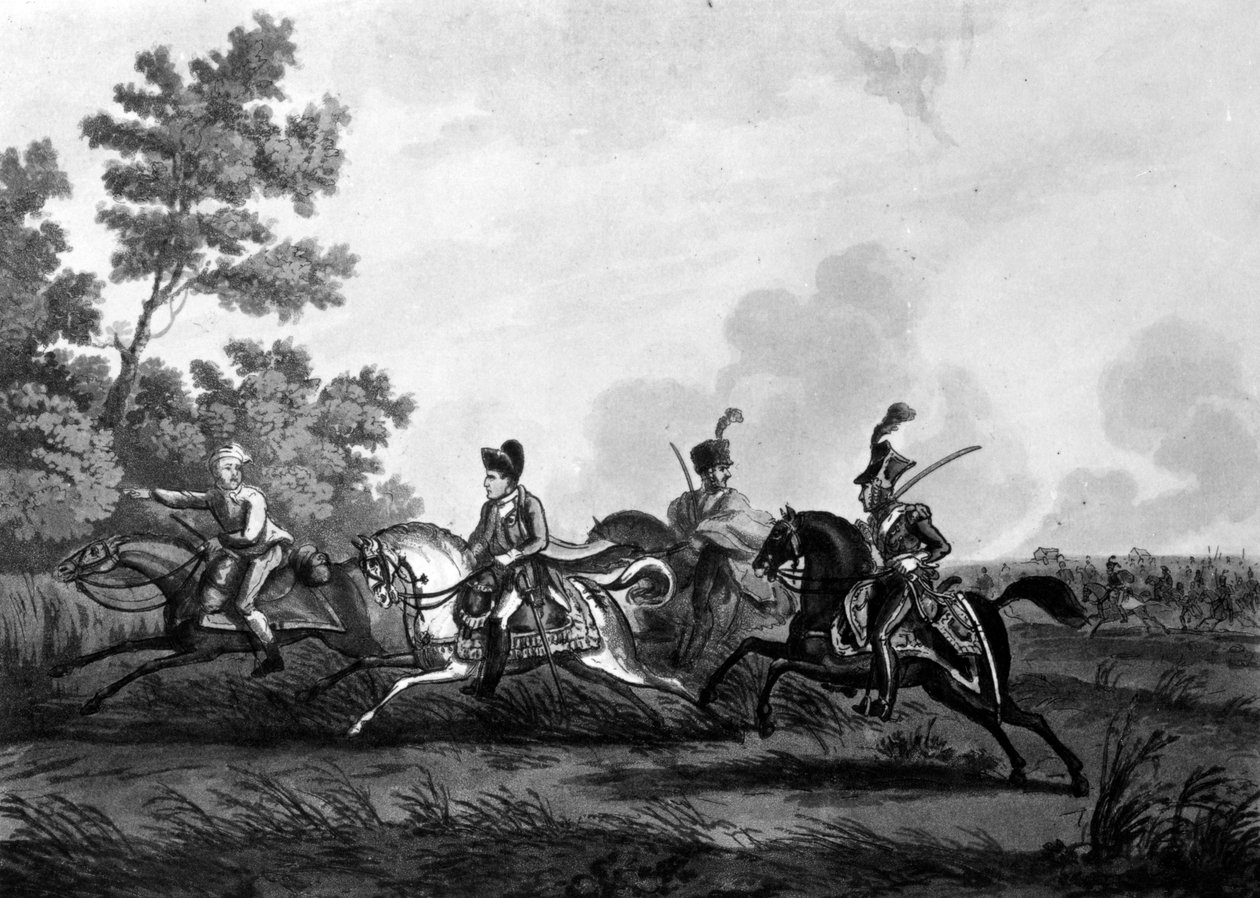 Flight of Bonaparte fra Field of Waterloo akkompagnert av hans guide, 1816 av George Cruikshank