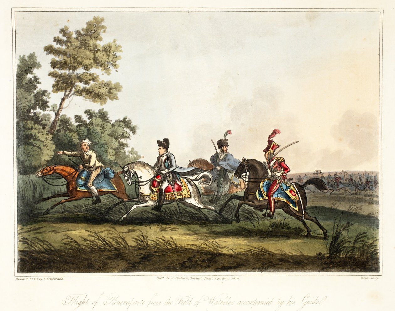 Flight of Buonaparte fra feltet Waterloo akkompagnert av hans guide, engr Rouse, pub H. Colburn, 1816 av George Cruikshank