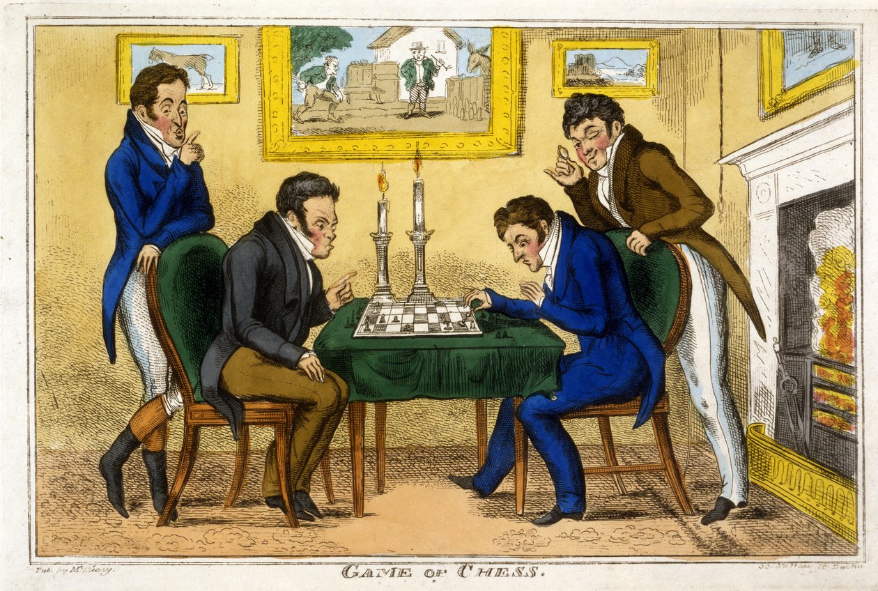 Game of Chess, pub. McCleary, Dublin, 1819 (håndfarget gravering) av George Cruikshank