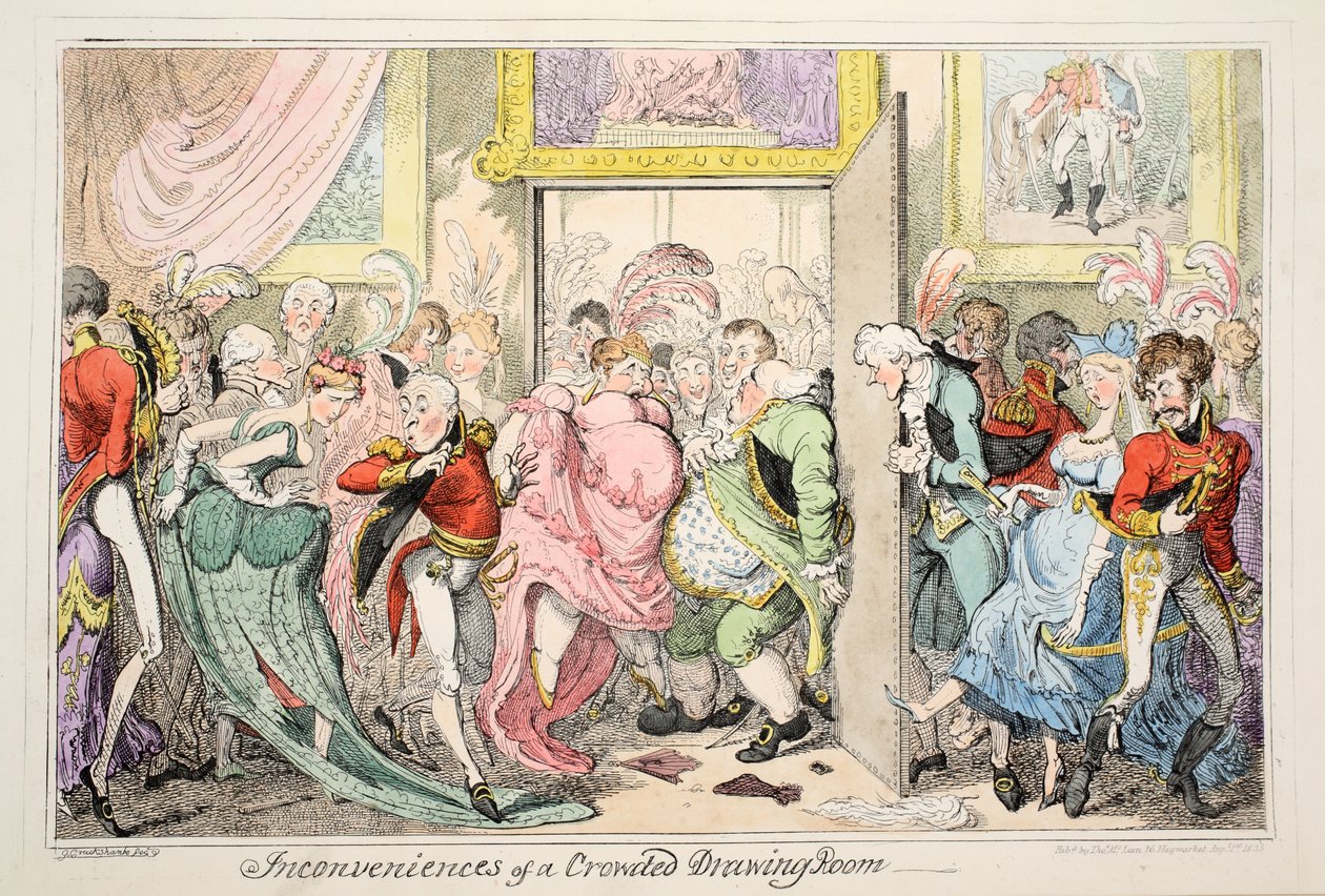 Ulemper med en overfylt sal, pub. 1835 (håndfarget etsning) av George Cruikshank