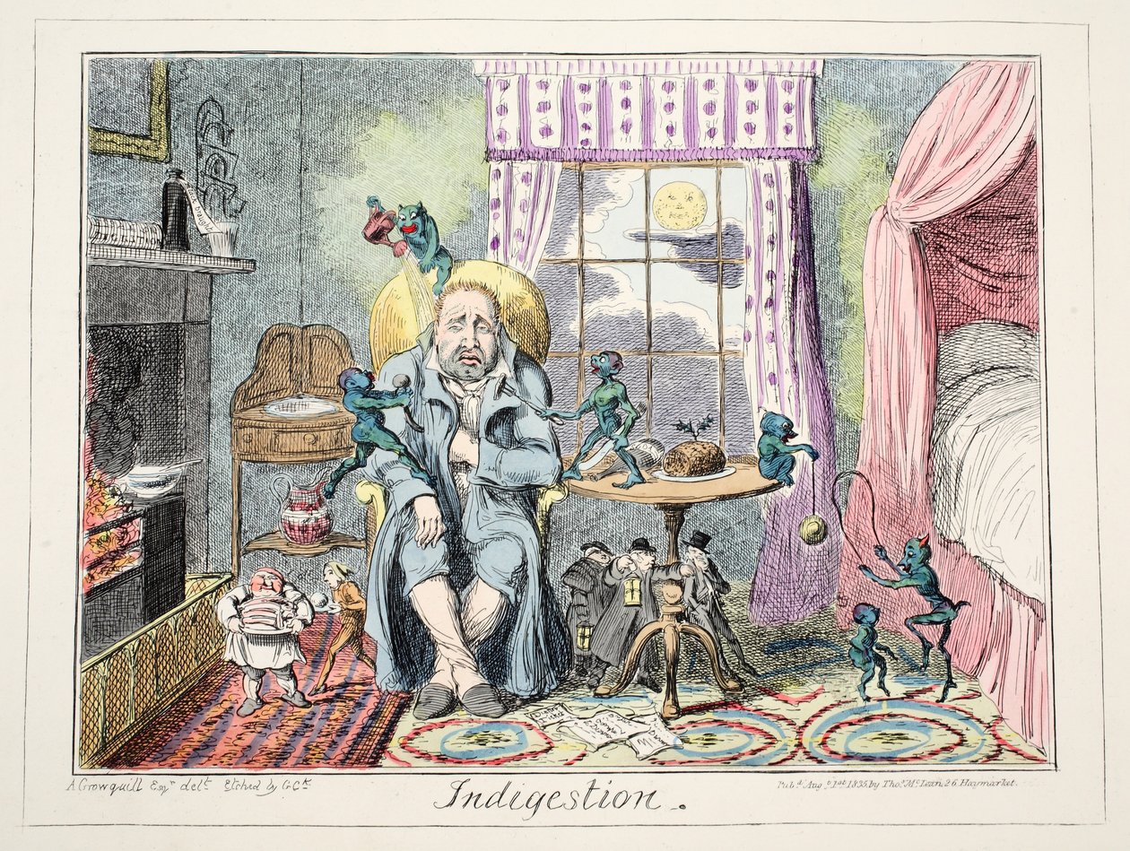 Fordøyelsesbesvær, 1835 (håndfarget gravering) av George Cruikshank